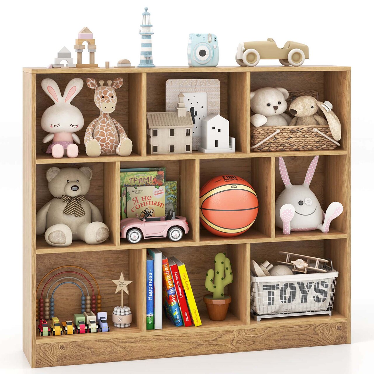 Costway 10-Cube Bookcase for Kids 41"Wooden Toy Storage Organizer for Kid’s Room White/Natural